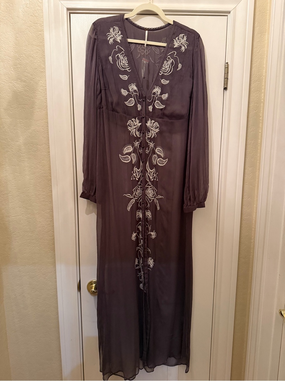 NEW 0006. Free People Plum Sheer Maxi Dress with White Floral Embroidery